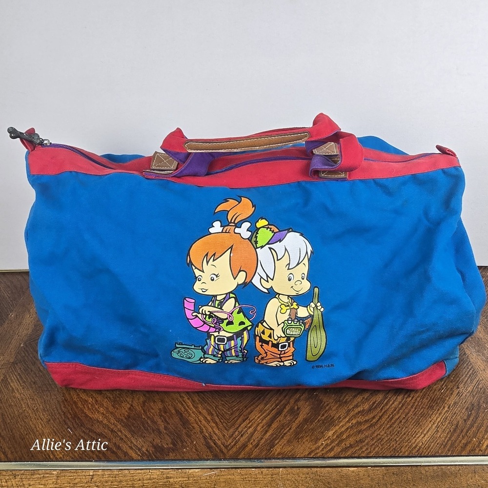 Flintstones Duffle Bag Pebbles Bam Bam Blue Red Kids Gym Suitcase 90s Rare